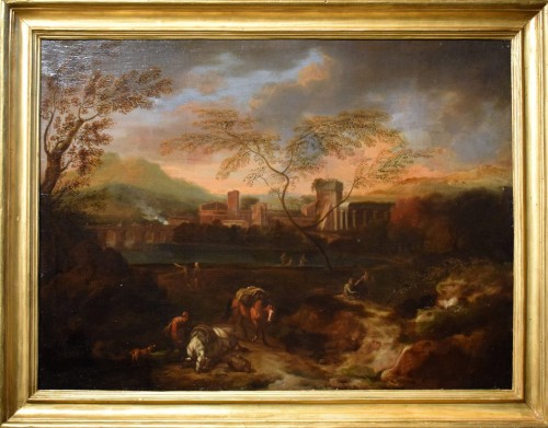 Paysage idyllique au coucher du soleil - Atelier de Johann H. Roos (1631-1685)